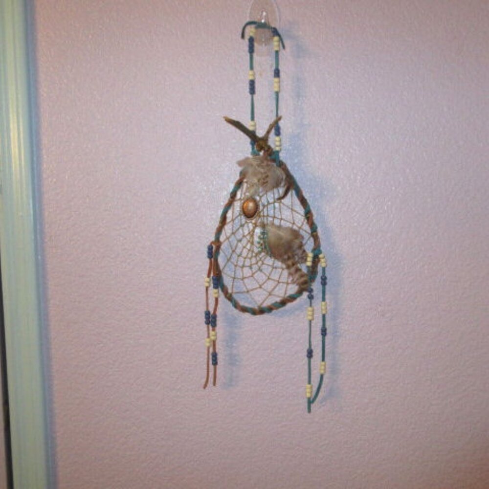 Native American Concho Dreamcatcher Beads Feathers Wood Leather Wall Hanging 23"